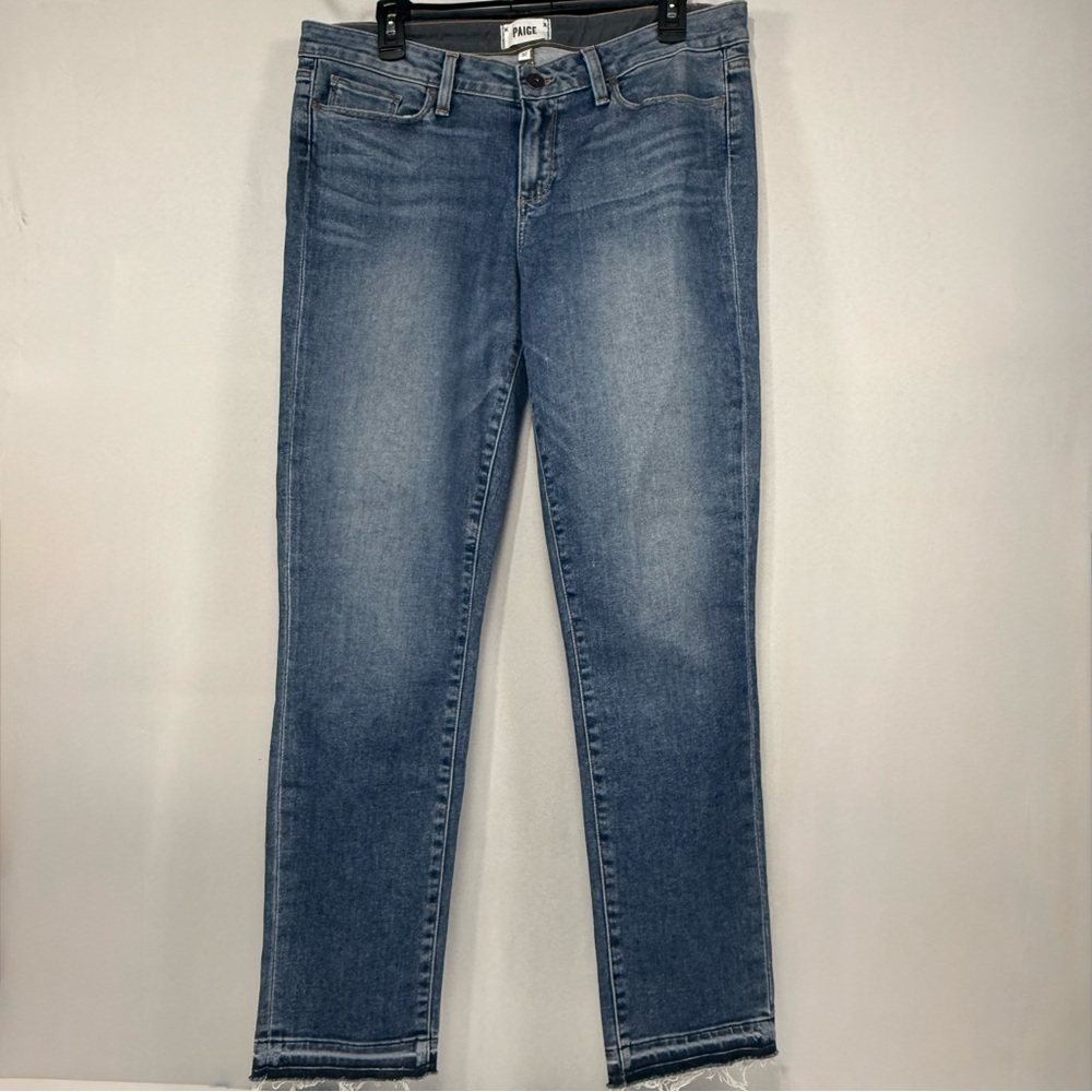 Skyline Ankle Peg PAIGE Blue Cotton Blend Raw Hem Slim Skinny Jeans 32 - Picture 3 of 12